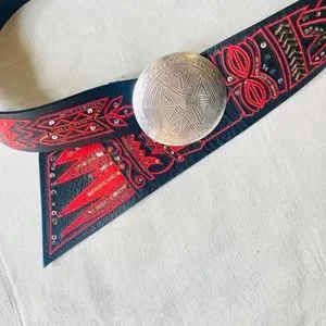 Chicos Tiki Tribal Leather Belt Womens Small Black Red Wide Embellish Sequins Chico main image 2